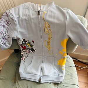 Ed Hardy Light Blue Hoodie with Yellow and Purple Graphics